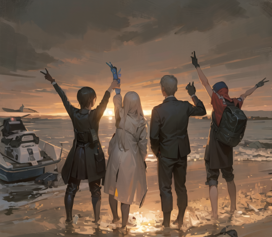 004381949359356masterpiecebestqualityultradetailedillustrationaviewof4peoplebackstandinfrondofseabeach.png